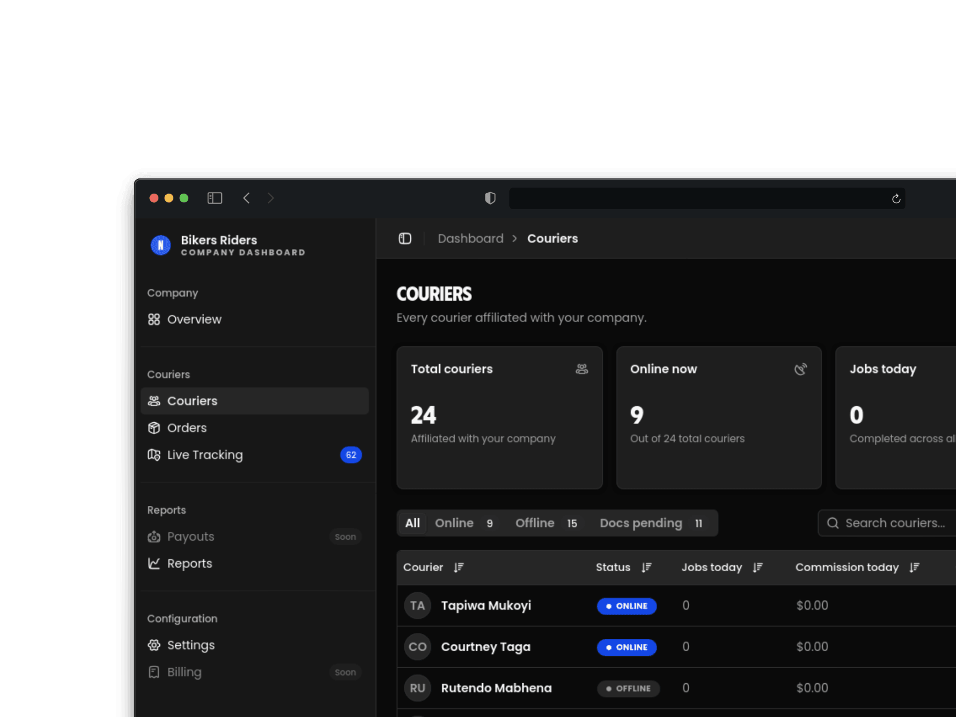 The Sell'N Send company dashboard listing every affiliated courier