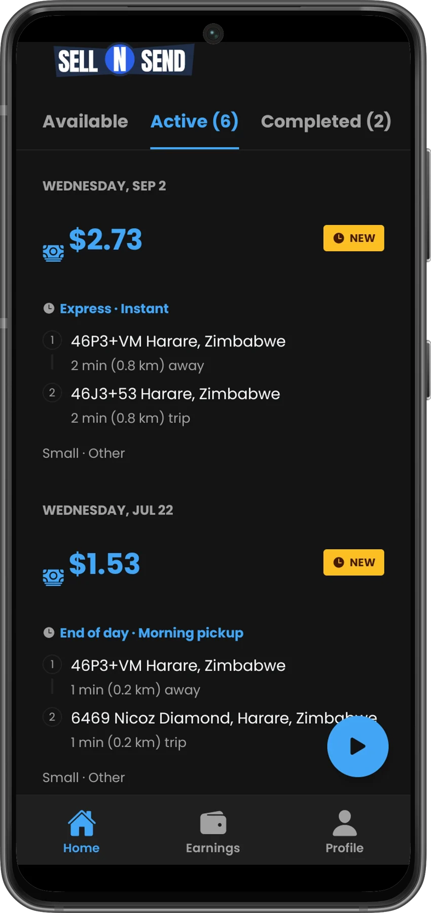 The Sell'N Send runner app listing nearby jobs with their fixed pay